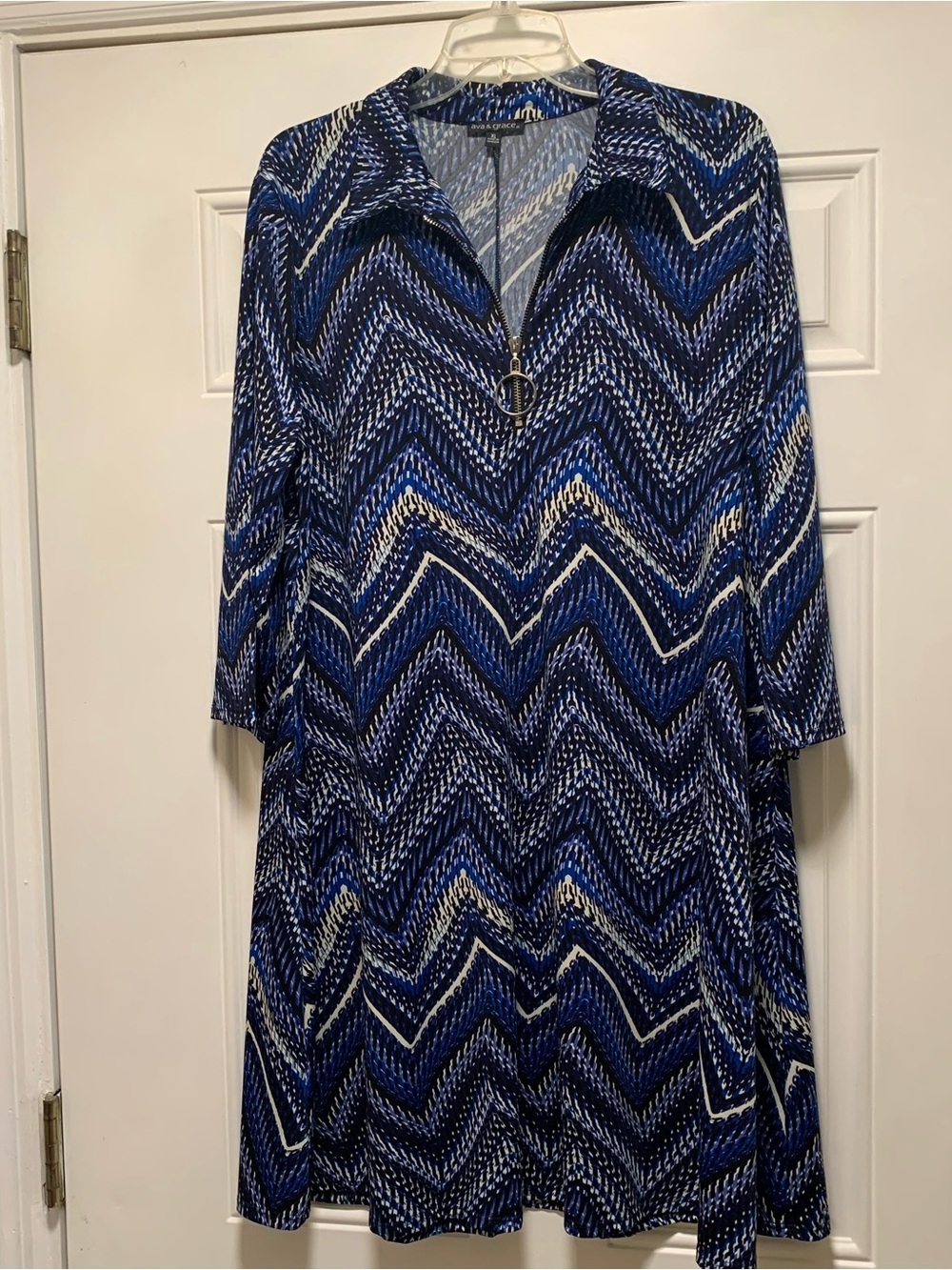 Ava & Grace Blue Chevron Zip-Front Long Sleeve A-Line Dress